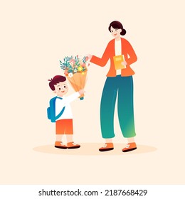 Teacher's day, teacher is giving lessons to students with blackboard and classroom in the background, vector illustration