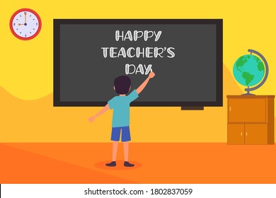 Concepto de vector del Día del Maestro Feliz: retrospectiva de los estudiantes que escriben Feliz Día del Maestro en pizarra