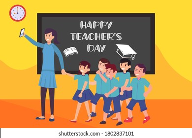 Teacher's Day vector concept: female teacher taking a selfie with her elementary students happily in the classroom