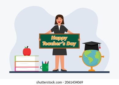 Teachers day vector concept: Female teacher showing happy teachers day text on the board 