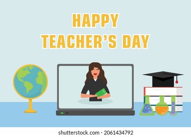 Teachers day vector concept: Happy teacher's day text while female teacher teaching online on laptop 