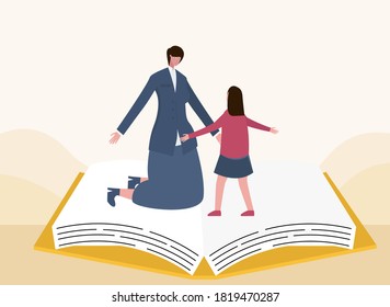 Teacher's day vector concept: Little girl and female teacher hugging on the book while celebrating teacher's day