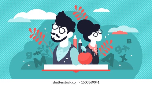 Teachers day vector illustration. Flat tiny world educators holiday persons concept. October academic occupation celebration time. University and school profession symbolic appreciation greeting time.