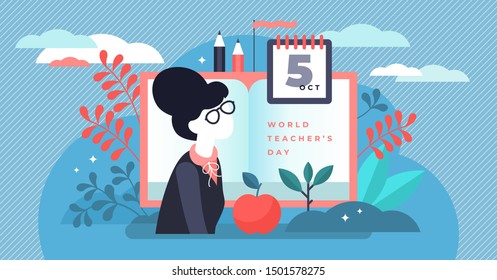 Teachers day vector illustration. Flat tiny world educators holiday persons concept. October academic occupation celebration time. University and school profession symbolic appreciation greeting time.