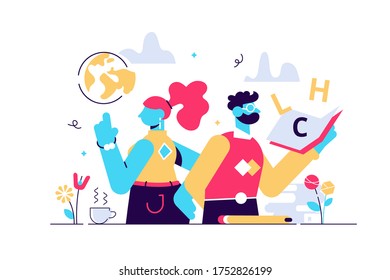 Teachers day vector illustration. Flat tiny world educators holiday persons concept. October academic occupation celebration time. University and school profession symbolic appreciation greeting time.