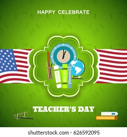 Teacher's Day vector poster with green label, shadow, paper stripe with american flags on the gradient green background with pattern.