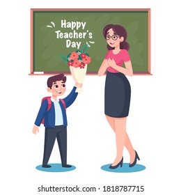 Teacher's Day. Woman and men teacher's day. Schoolchildren give flowers to the happy teacher on the background of the school green board in classroom. Vector illustration in cartoon style.