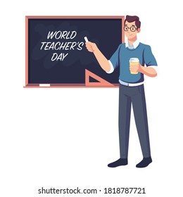 Teacher's Day. Woman and men teacher's day. Schoolchildren give flowers to the happy teacher on the background of the school green board in classroom. Vector illustration in cartoon style.