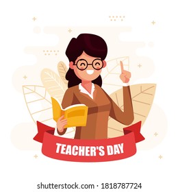 Teacher's Day. Woman and men teacher's day. Schoolchildren give flowers to the happy teacher on the background of the school green board in classroom. Vector illustration in cartoon style.