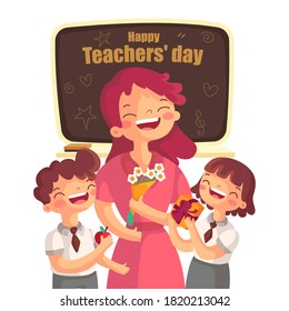 Teacher's Day. Woman and men teacher's day. Schoolchildren give flowers to the happy teacher on the background of the school green board in classroom. Vector illustration in cartoon style.