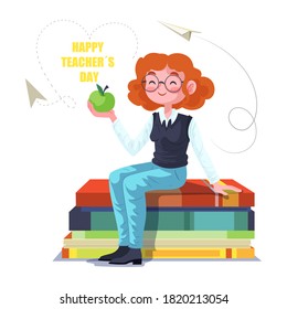 Teacher's Day. Woman and men teacher's day. Schoolchildren give flowers to the happy teacher on the background of the school green board in classroom. Vector illustration in cartoon style.