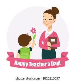 Teacher's Day. Woman and men teacher's day. Schoolchildren give flowers to the happy teacher on the background of the school green board in classroom. Vector illustration in cartoon style.