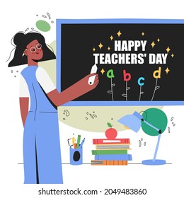 Teacher's Day. Woman and men teacher's day. Schoolchildren give flowers to the happy teacher on the background of the school green board in classroom. Vector illustration in cartoon style.
