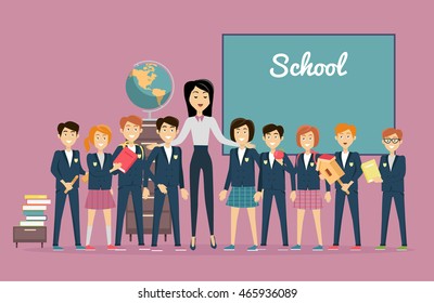 Teachers day. Young teacher with pupils near the chalkboard. Word school written on the blackboard. Back to school. Primary education. World Book Day. Education concept. Vector illustration.