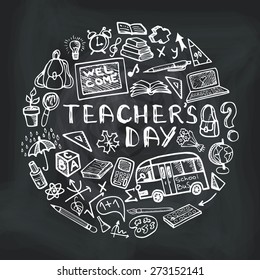 Teachers day.School doodles Supplies Sketchy in circle  composition.Chalkboard background.Hand Drawn Vector Illustration .Design Elements 