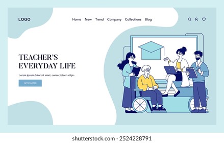 Teachers Everyday Life concept. Diverse educators engage in academic activities and collaboration. Inclusive learning environment depiction. Vector illustration.