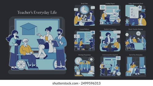 Teacher's Everyday Life set. Classroom activities, grading, consulting, and relaxation captured in daily routine scenes. Education profession dynamics illustrated. Vector illustration.