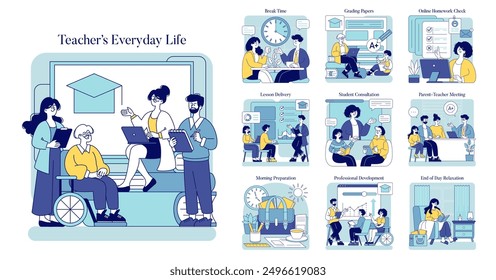 Teacher's Everyday Life set. Illustration of educators' daily routines from grading to mentoring. Classroom instruction, breaks, homework reviews. Vector illustration.