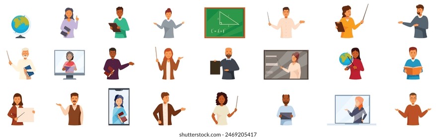 Teachers explain icons set vector. A collection of cartoon characters that represent various professions, including teachers, students, and professionals. Concept of education and learning