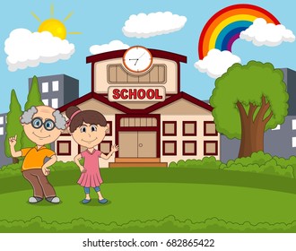 Teachers in front of school with rainbow cartoon vector illustration