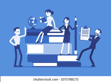 Teachers group at giant books. School or college workers with professional discipline tools, university staff poster. Science and education concept. Vector illustration, faceless characters