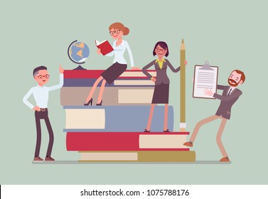 Teachers group at giant books. School or college workers with professional discipline tools, university staff poster. Science and education concept. Vector flat style cartoon illustration