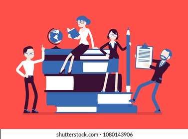 Teachers group at giant books. School or college workers with professional discipline tools, university staff poster. Science and education concept. Vector illustration, faceless characters