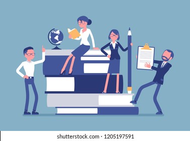 Teachers group at giant books. School or college workers with professional discipline tools, university staff poster. Science and education concept. Vector illustration, faceless characters