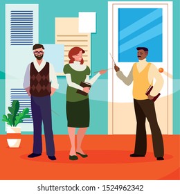 teachers group in the school corridor vector illustration design