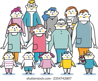 Teachers and guardians surrounding kindergarten children set illustration material	

