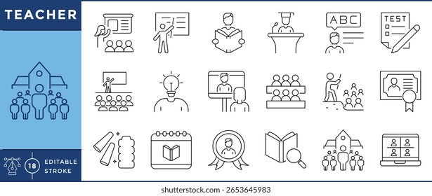 Teachers icons set. Blackboard, explain, knowledge sharing, graduation hat, exams, inspiration, certificate, chalk and eraser, calendar, and many more. Vector editable stroke.