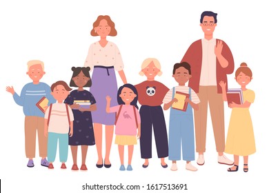 Teachers and kids vector illustration. Pedagogues and pupils, smiling people, adults and schoolchildren flat characters. Study group, class photo, educators with children, learners and teaching staff