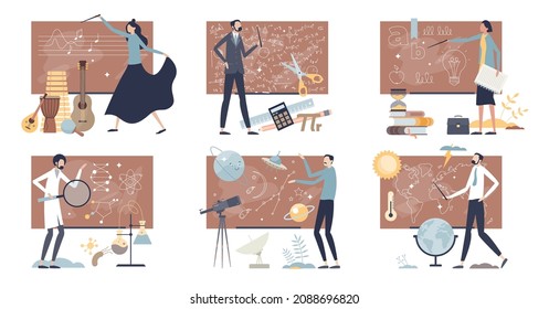 Teachers learning and academic teaching occupation tiny person collection set. Mini scenes with music, math, literature, chemistry, geography and physics professors vector illustration. Class lesson.