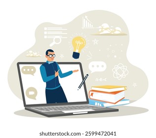 Teachers or lecturers make video conference calls with students. Private tutor services for distance self-education at home. Flat vector illustration.