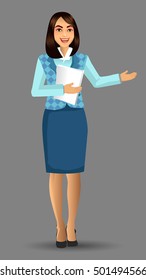 Teachers or lecturers in a pose presentation with bring paper, vector illustration