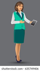 Teachers or lecturers in a pose presentation, cartoon figure of woman Teacher presented, Lessons, education, in the classroom vector illustration