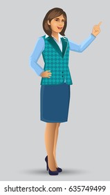 Teachers or lecturers in a pose presentation, cartoon figure of woman Teacher presented, Lessons, education, in the classroom vector illustration
