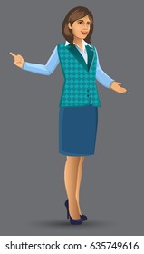 Teachers or lecturers in a pose presentation, cartoon figure of woman Teacher presented, Lessons, education, in the classroom vector illustration