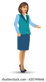 Teachers or lecturers in a pose presentation, cartoon figure of woman Teacher presented, Lessons, education, in the classroom vector illustration