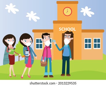 Teachers lining up for body temperature measurement 2D cartoon concept for banner, website, illustration, landing page, flyer, etc.