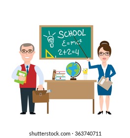 teachers man and woman,blackboard globe books desk pencils isolated on white background