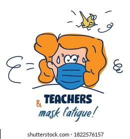 Teachers and mask fatigue clip art isolated on white background / A tired woman wearing a mask graphic stock