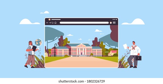 teachers near digital school building in web browser window online education concept horizontal full length vector illustration