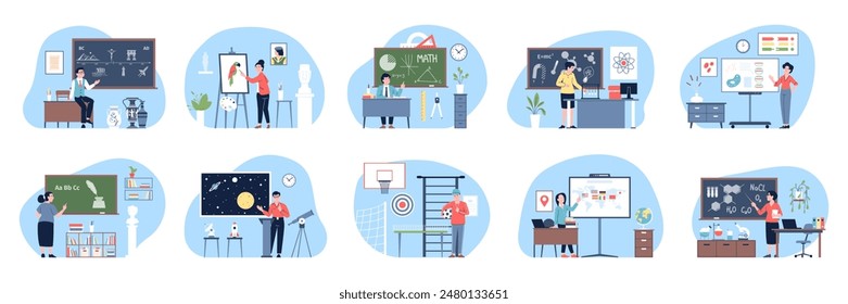 Teachers on lesson stand at blackboards. Lessons in school or college, art class language training and sport. Education studying recent vector scenes