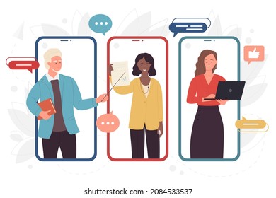 Teachers on screen of phone teaching vector illustration. Cartoon distance training with teacher or professor holding pointer and book, document and laptop for lesson. Online education concept