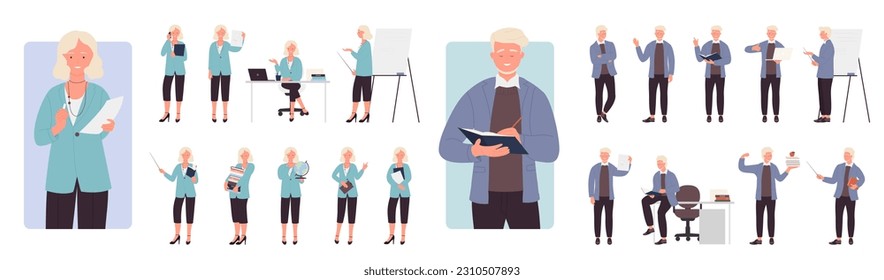 Teachers poses set vector illustration. Cartoon isolated male and female characters standing and pointing on board with stick, teaching and holding open book and globe on lecture, education process