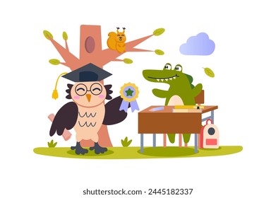 Teachers praise concept with character scene in flat cartoon design. The owl teacher presents an award to her crocodile student for academic success. Vector illustration.