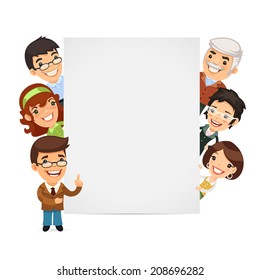 Teachers Presenting Empty Vertical Banner. In the EPS file each element is grouped separately.