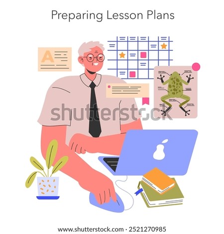 Teacher's profession concept. A dedicated educator organizes academic curricula amidst teaching aids and a calendar. Education planning process. Vector illustration.