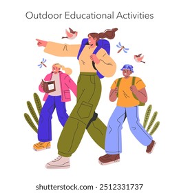 Conceito de profissão de professor. Um educador leva os alunos a uma aventura ao ar livre, promovendo o aprendizado com a natureza. Viagem de campo interativa com mochilas e livros. Ilustração vetorial.